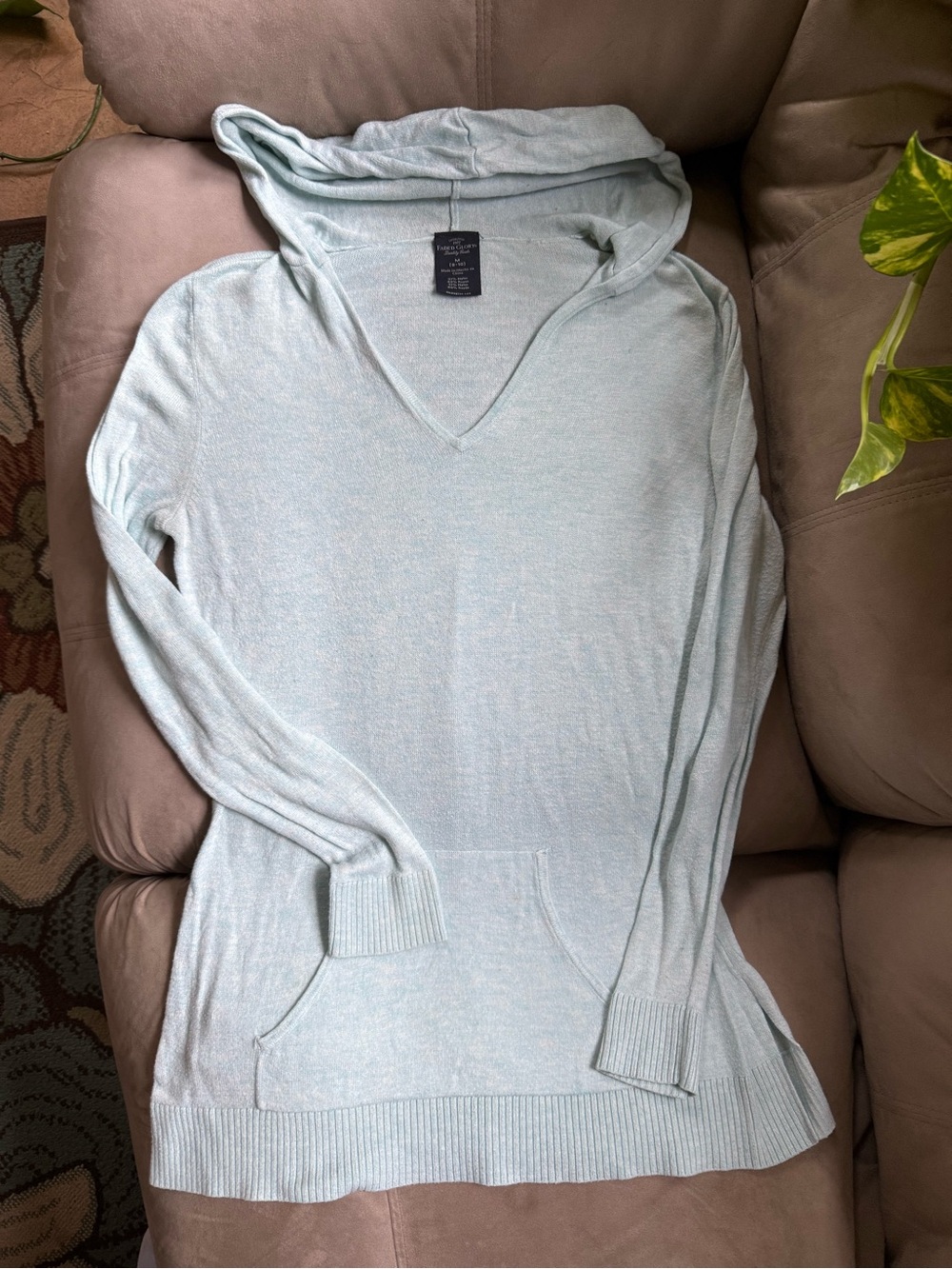 Vintage Y2K Faded Glory Pale Blue V-Neck Hooded Tunic Sweater
